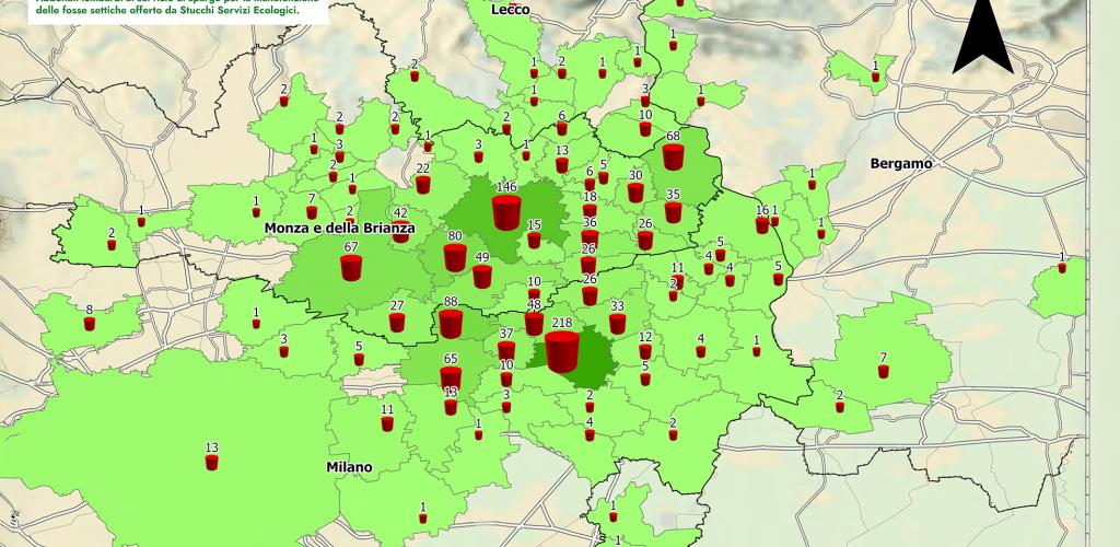 Mappa grafica della Lombardia con indicazione a pin rossi della presenza per ogni comune degli abbonati al servizio di spurghi di Stucchi Servizi Ecologici