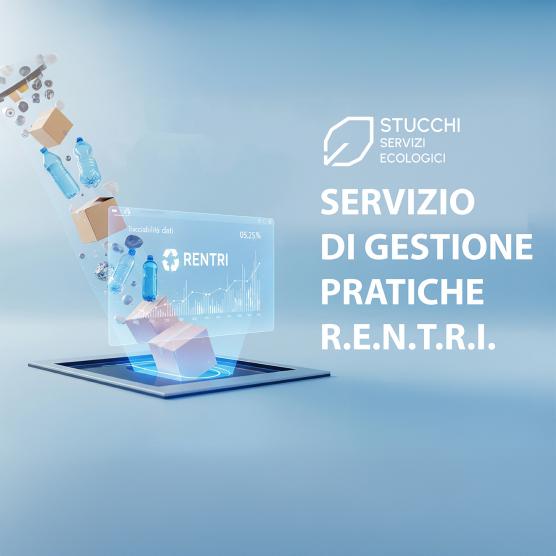Una cascata di rifiuti vari che si tuffa in un display sopra il quale appare la schermata Rentri